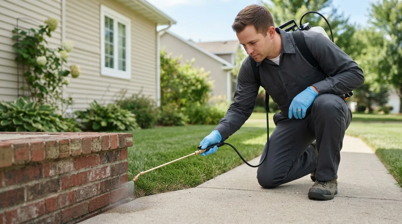 Pest control technician treating a home near Twinsburg, OH
