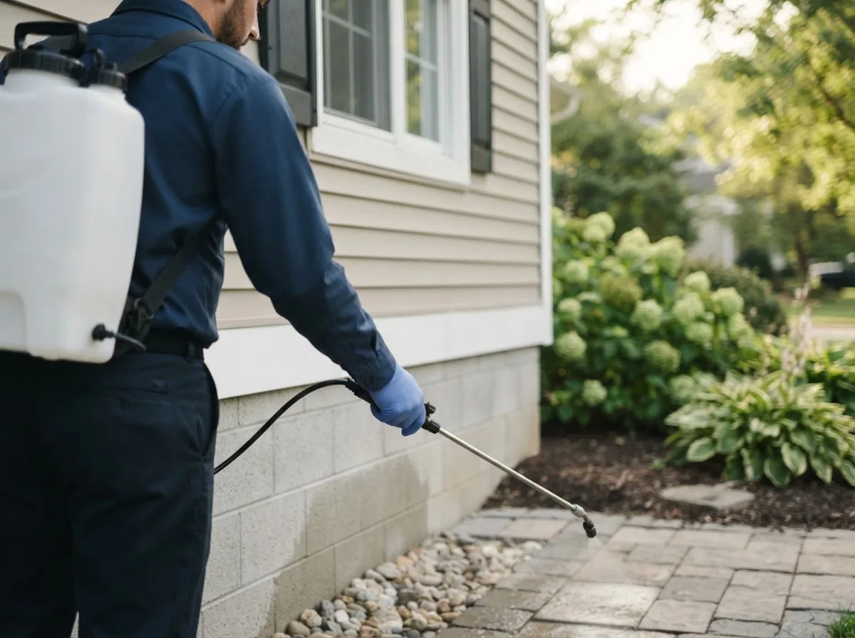 Pest control technician inspecting a home in Twinsburg, OH